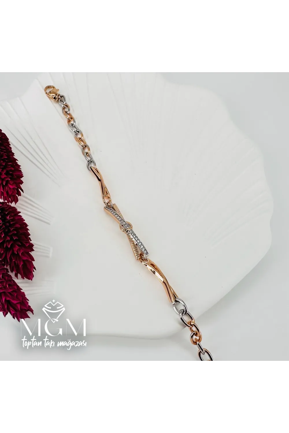 Rodyum+rose  Zirkon Taşlı Pirinç Bileklikler 17+3,5 Cm - IEG0066