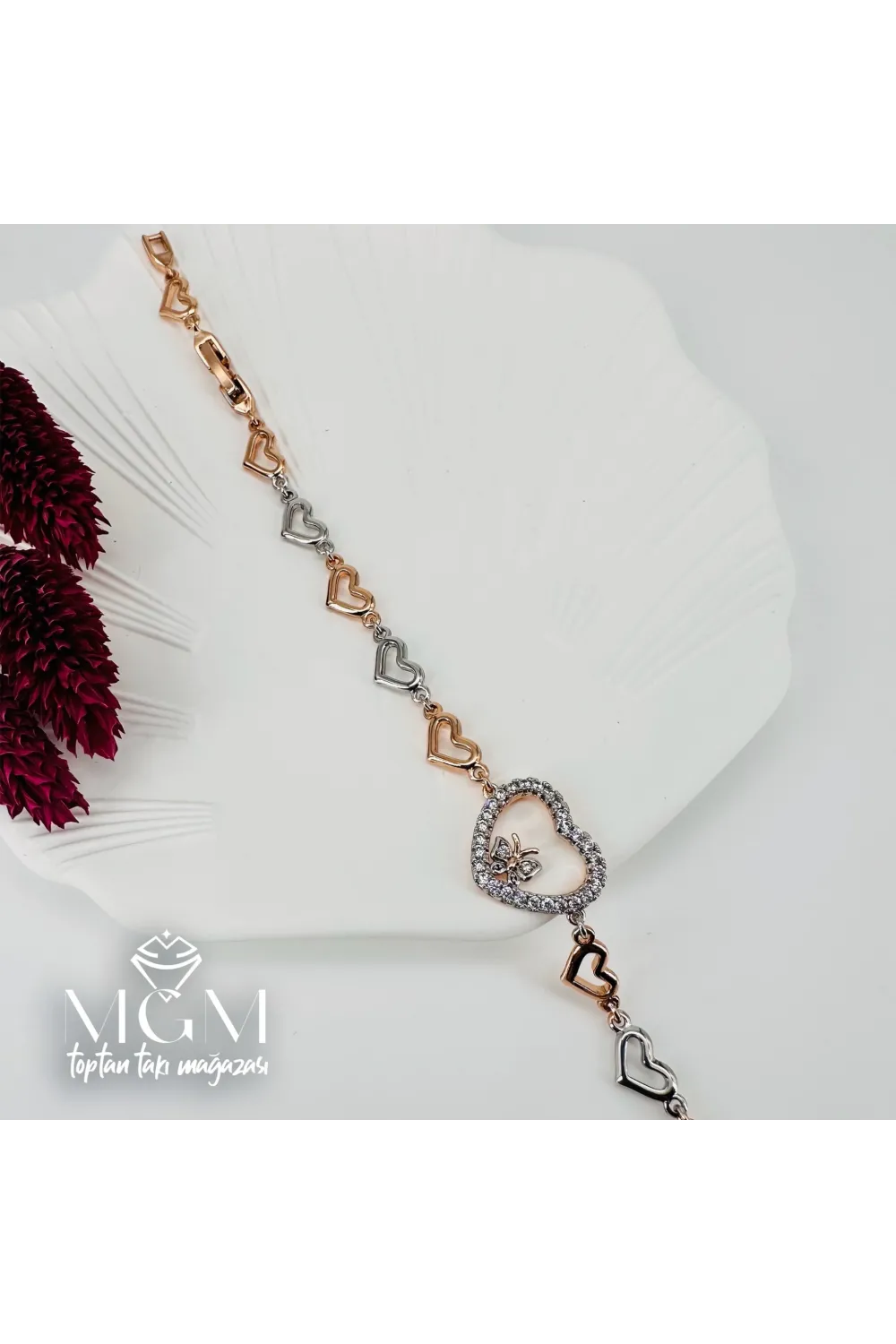 Rodyum+rose  Zirkon Taşlı Pirinç Bileklikler 18+3 Cm - IEG0042