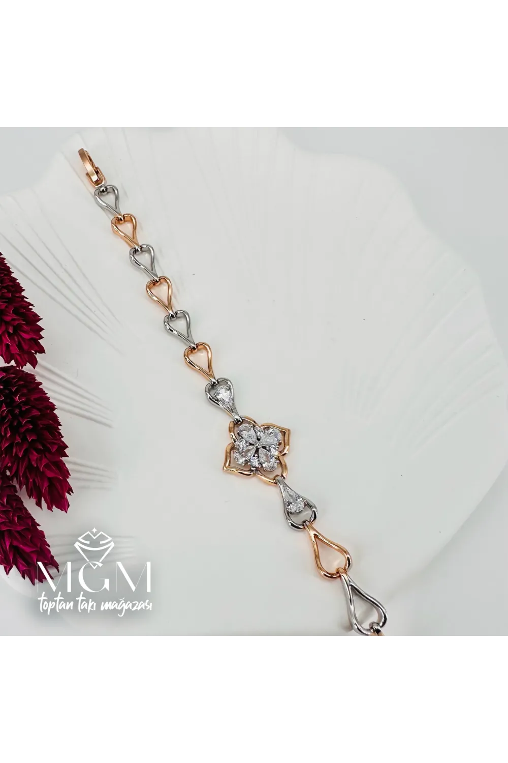 Rodyum+rose  Zirkon Taşlı Pirinç Bileklikler 19 Cm - IEG0054