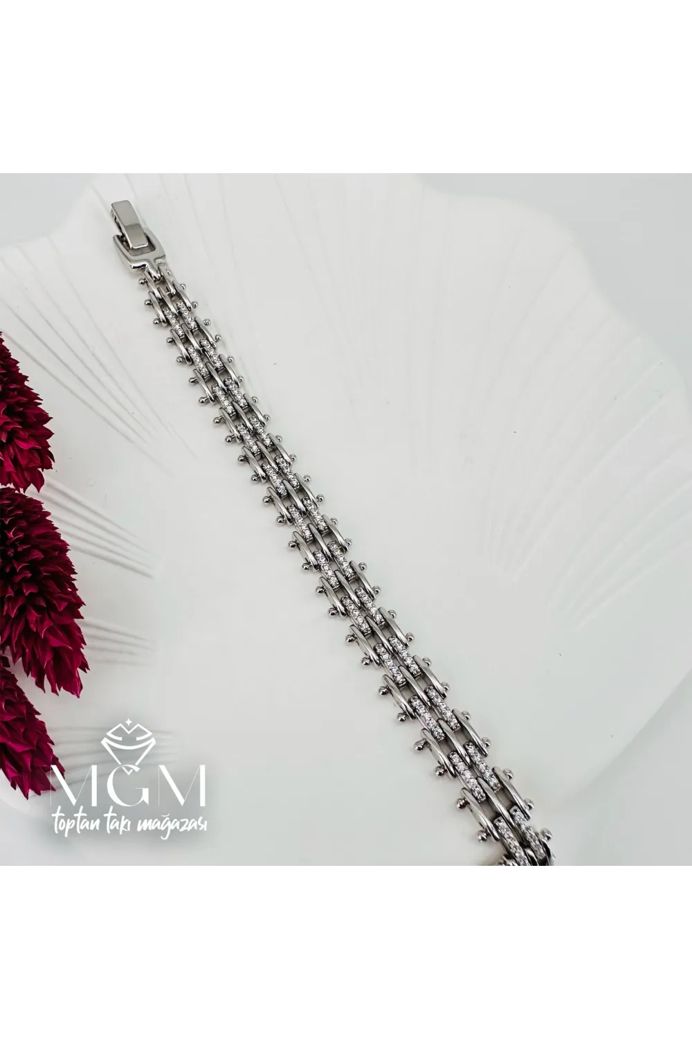 Rodyum Zirkon Taşlı Pirinç Bileklikler 19,5 Cm - IEG0052