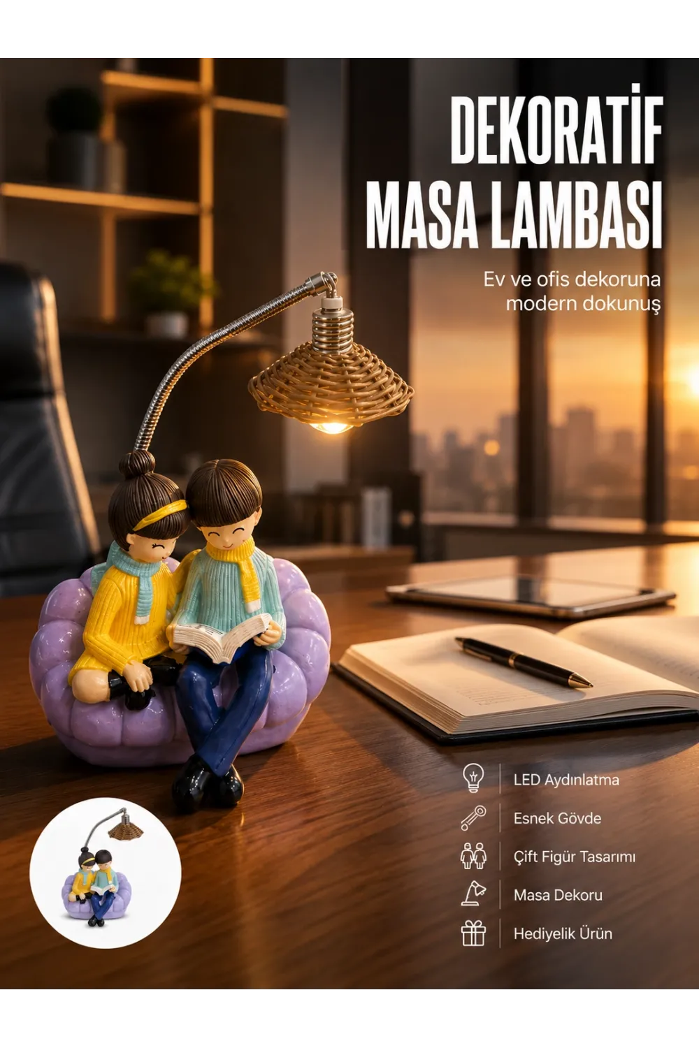 Romantik Çift Temalı Dekoratif Masa Lambası Yumuşak Led Işık