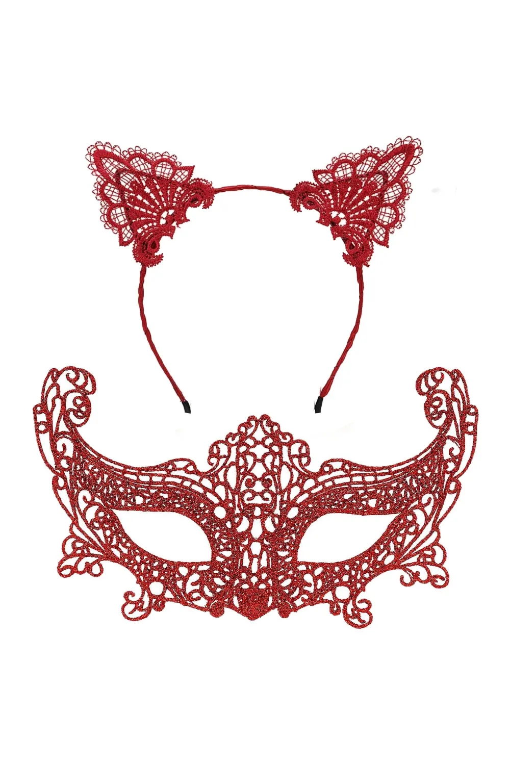 Romantik Kırmızı Dantel Maske Seti – Kedi Kulaklı Taç Ve Maske 3 No