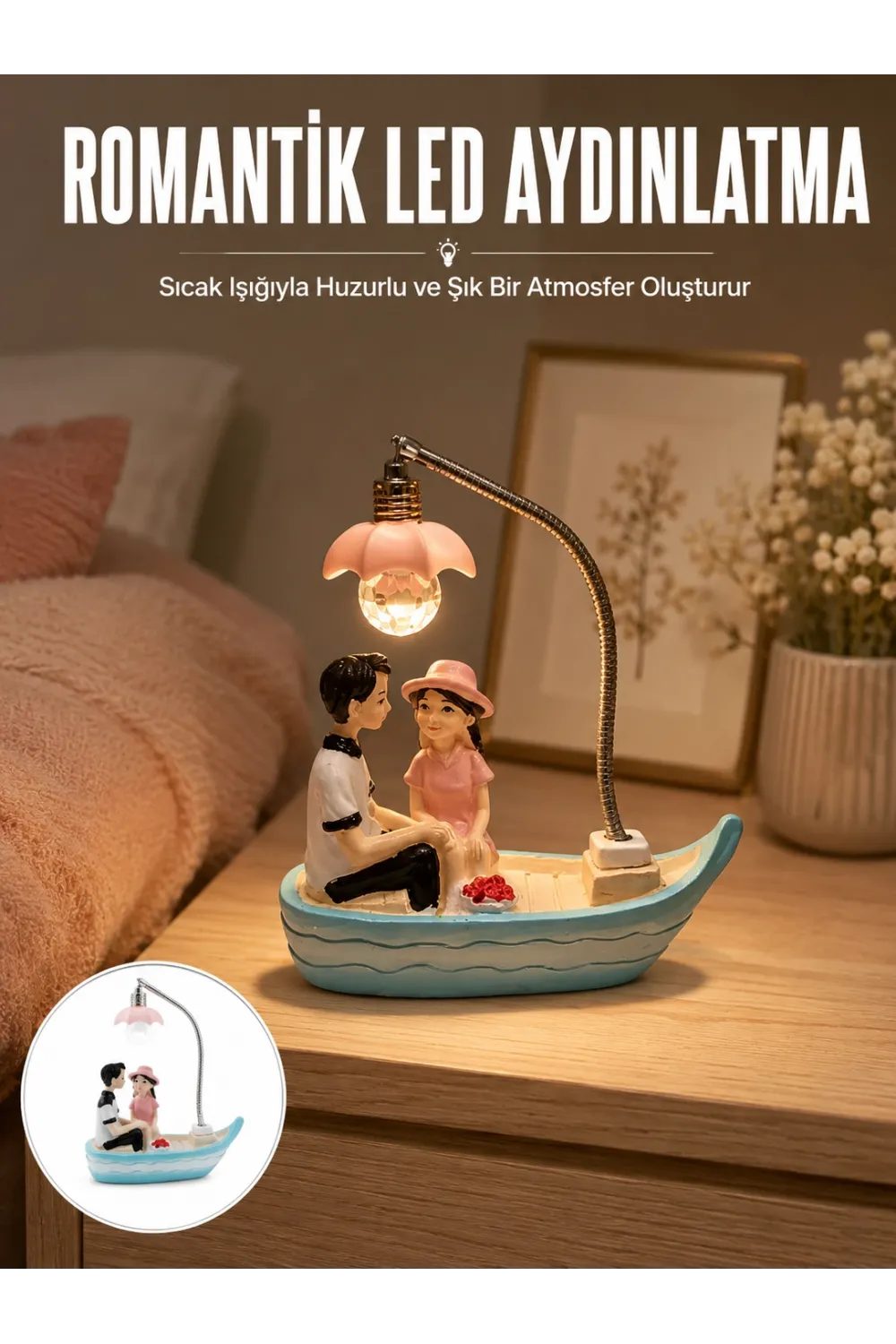Romantik Sandal Üzerinde Çift Figürü Led Gece Lambası Masa Dekoru Yeni Nesil