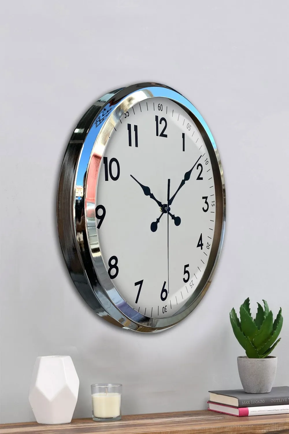 Sade Ve Şık Krom 52 Cm Metal Dekoratif Duvar Saati