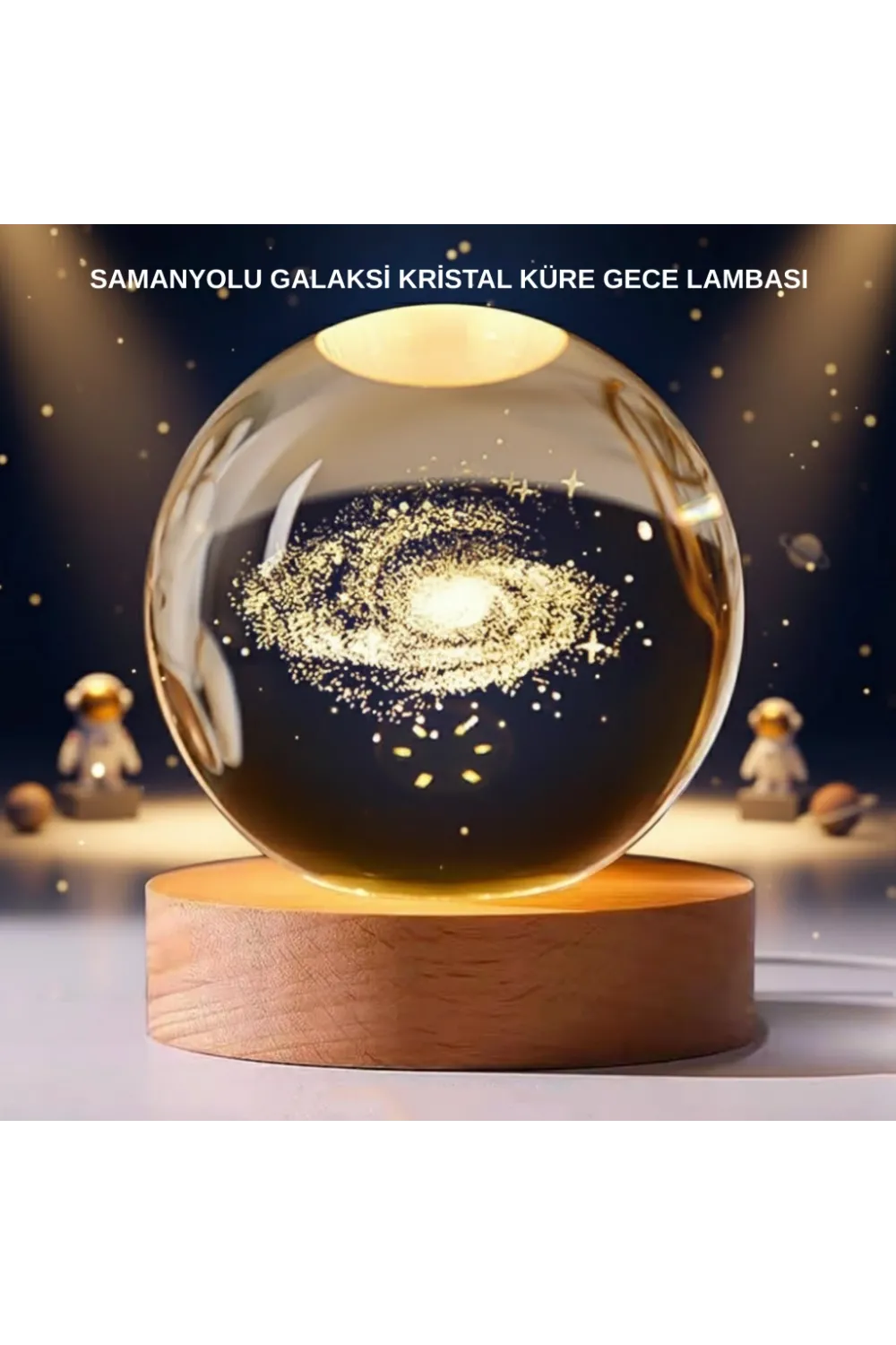 Samanyolu Desenli Kristal Küre Ahşap Standlı Gün Işığı Led Masa Lambası