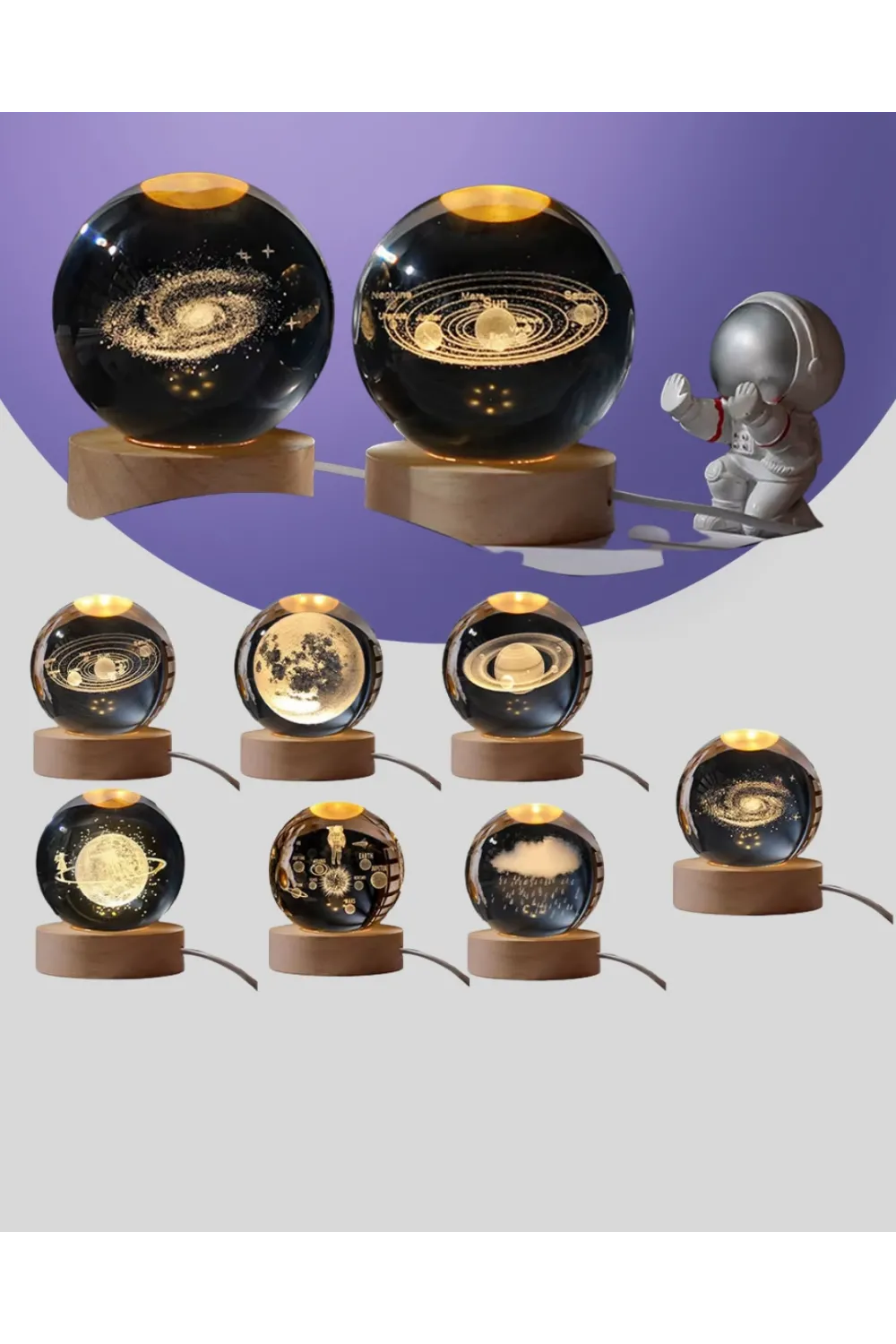 Samanyolu Desenli Kristal Küre Ahşap Standlı Gün Işığı Led Masa Lambası
