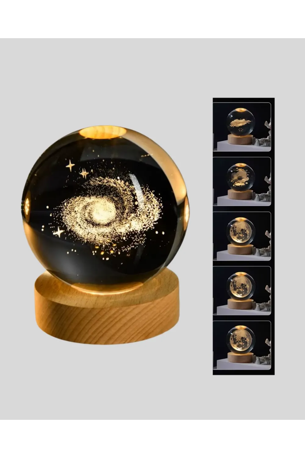 Samanyolu Desenli Kristal Küre Ahşap Standlı Gün Işığı Led Masa Lambası