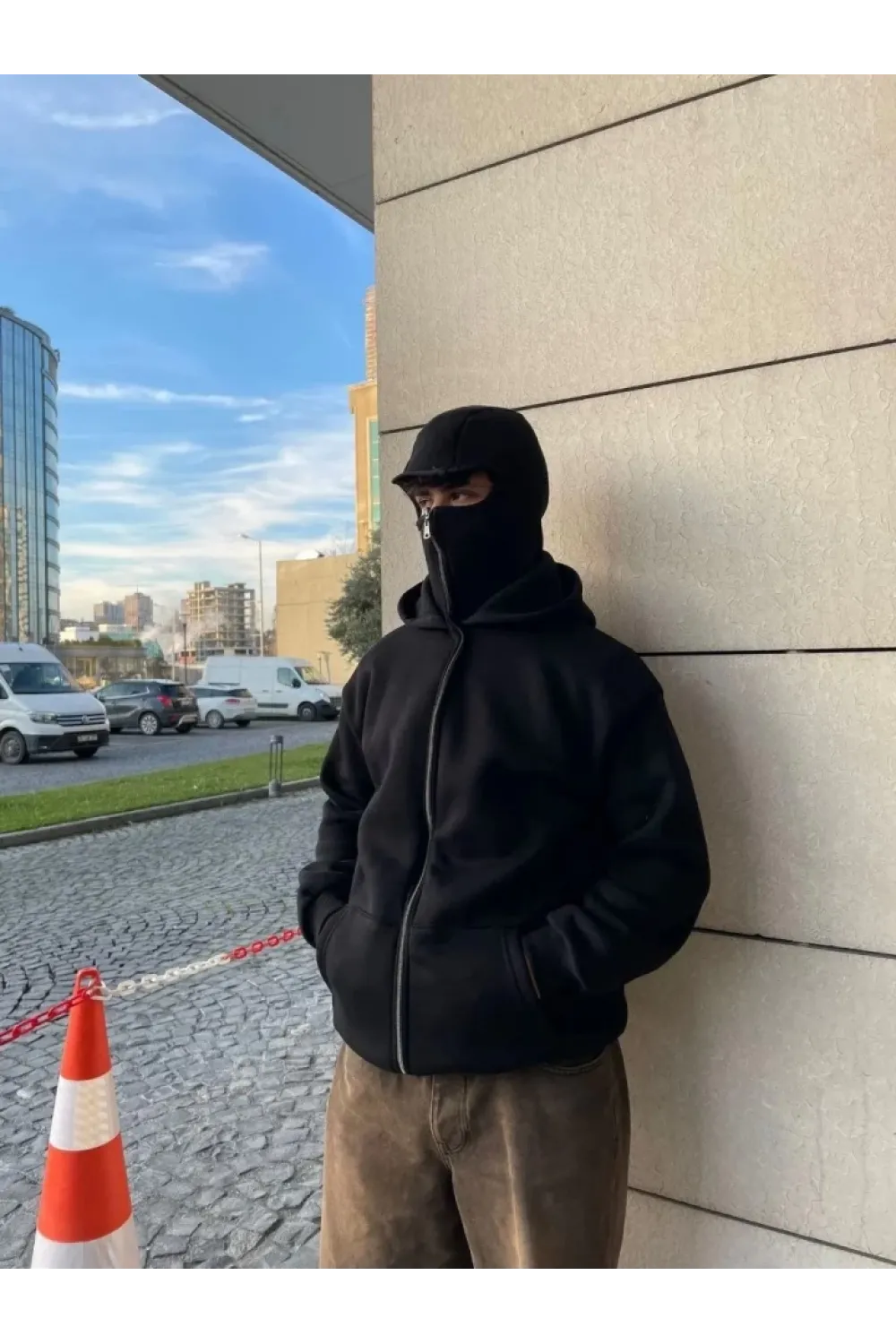 Samuray Ninja Çift Kapşonlu ZIP Fermuarlı Kanguru Çepli Tam Fermuarlı Hoodie Swetshirt - Siyah