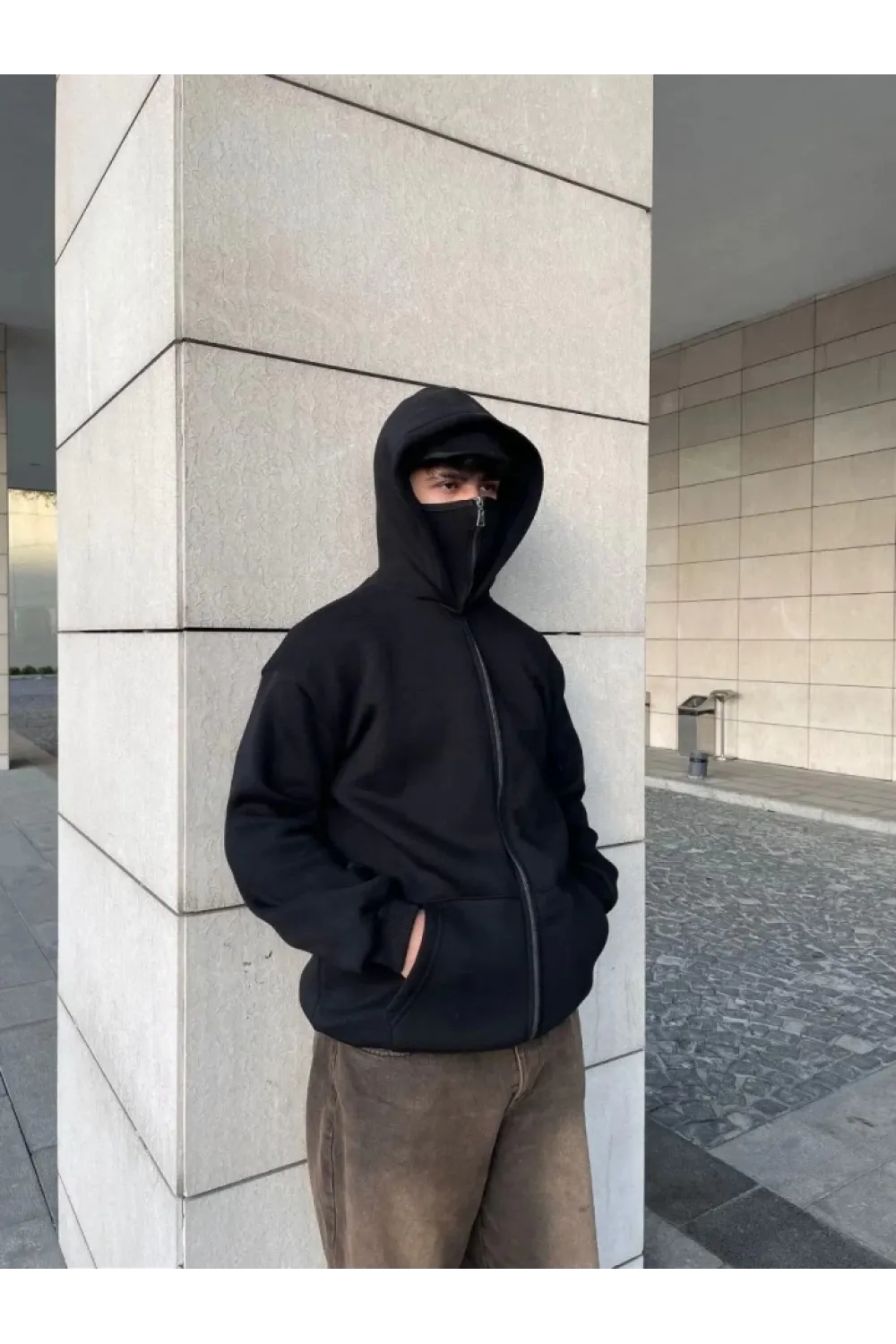 Samuray Ninja Çift Kapşonlu ZIP Fermuarlı Kanguru Çepli Tam Fermuarlı Hoodie Swetshirt - Siyah