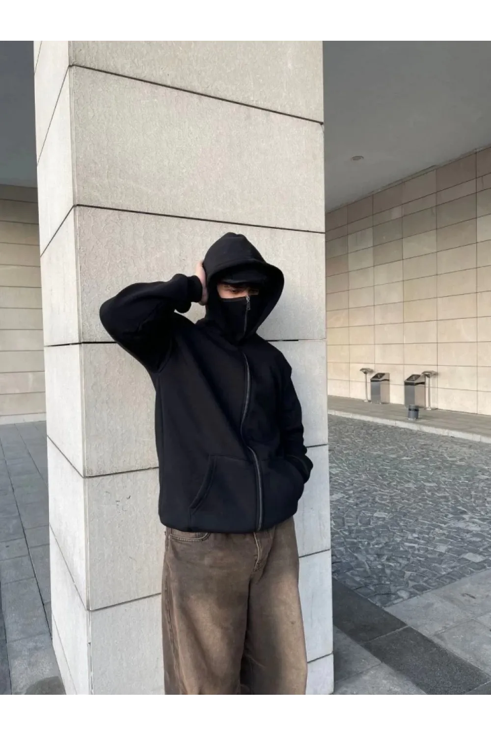 Samuray Ninja Çift Kapşonlu ZIP Fermuarlı Kanguru Çepli Tam Fermuarlı Hoodie Swetshirt - Siyah