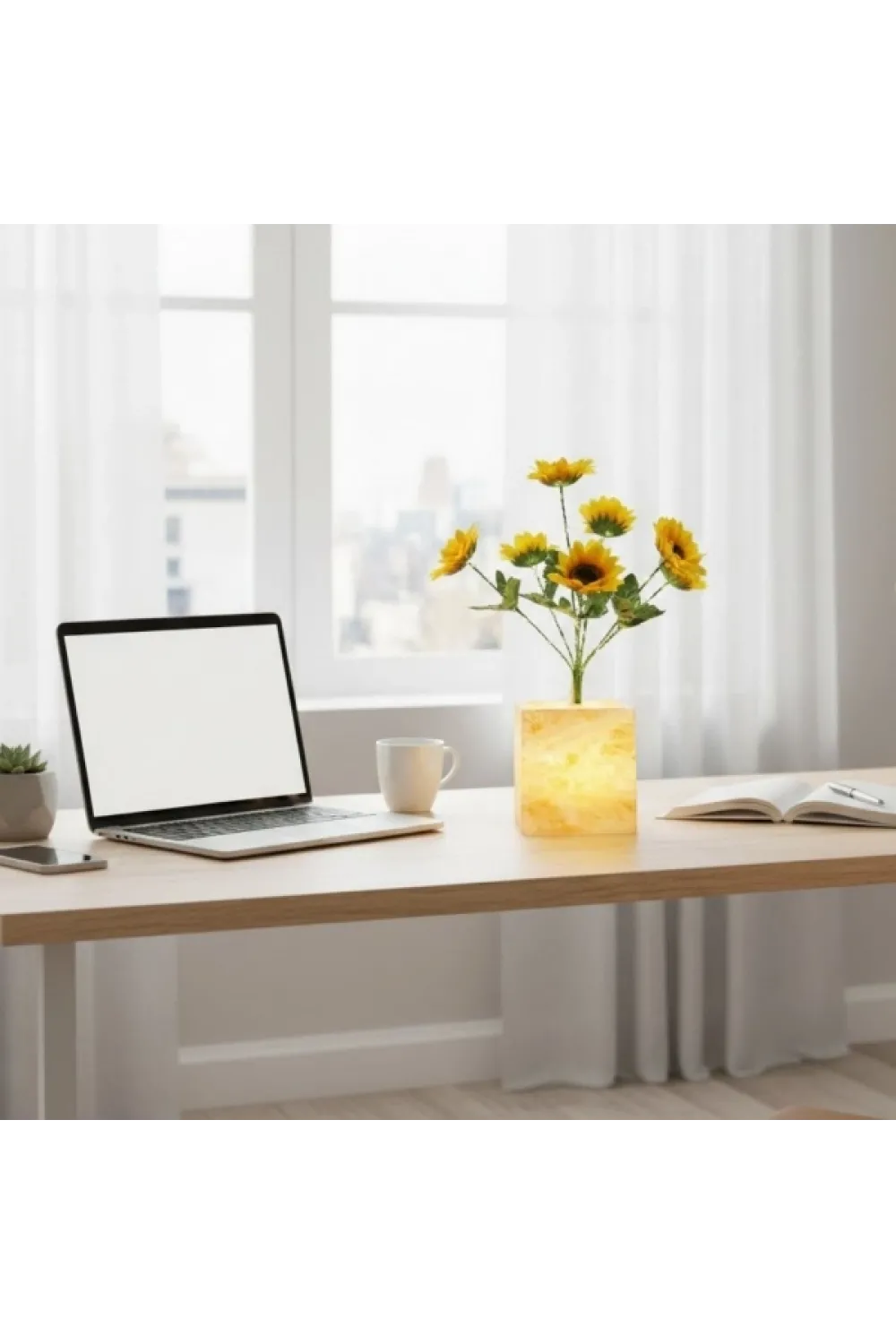 Sarı Saksılı LED Yapay Çiçek