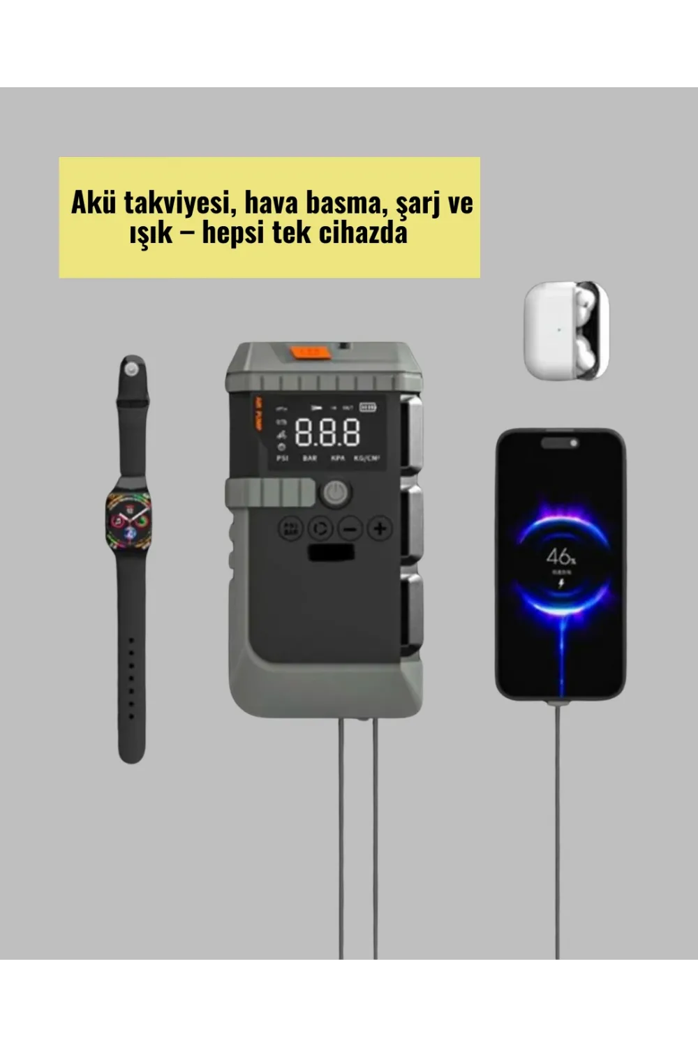 Şarjlı 12000 Mah Araç Akü Takviye Ve Hava Kompresörü 4’ü 1 Arada