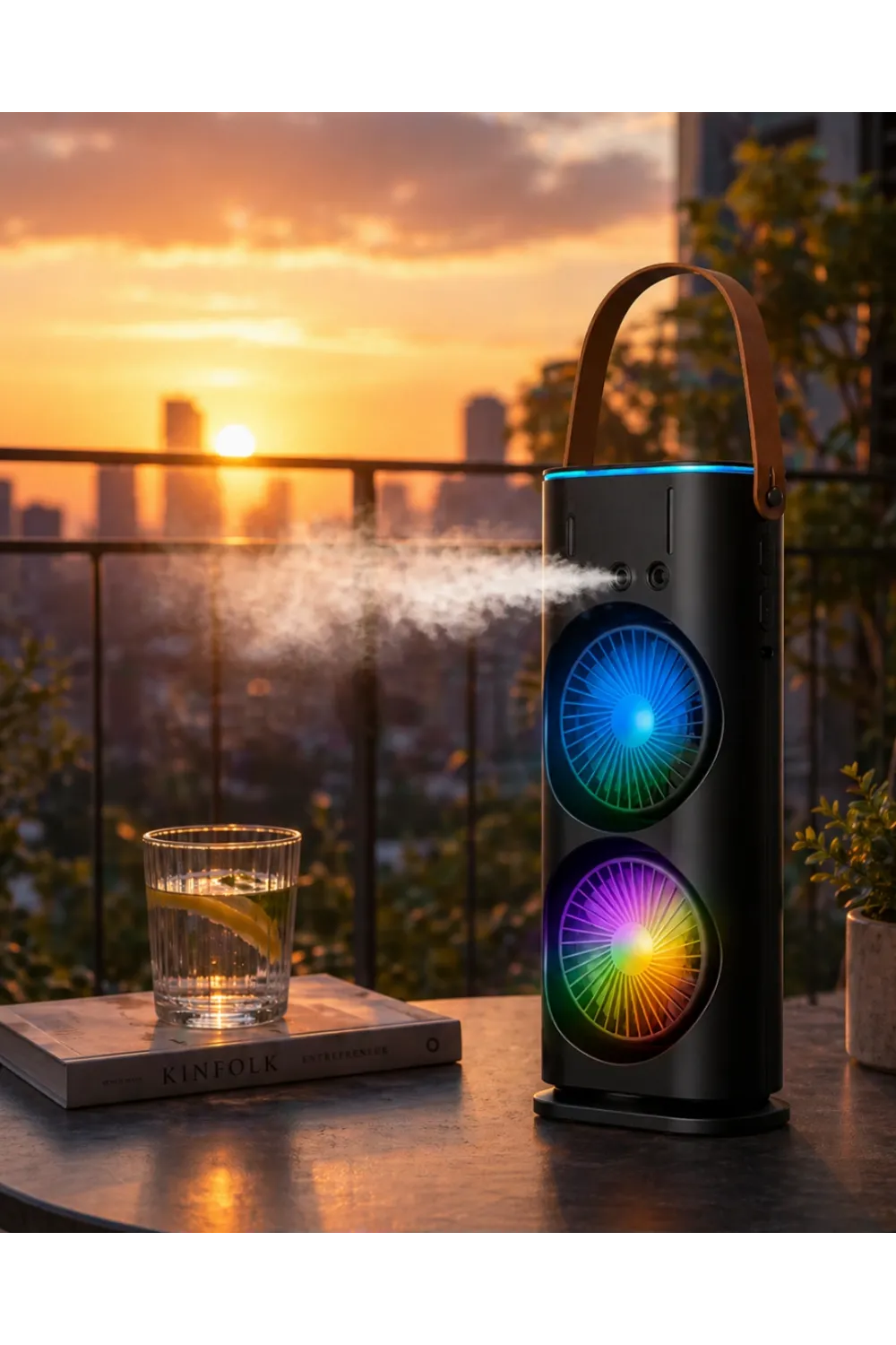 Şarjlı Buharlı Serinletici Fan Rgb Işıklı Çift Pervaneli Masa Fanı