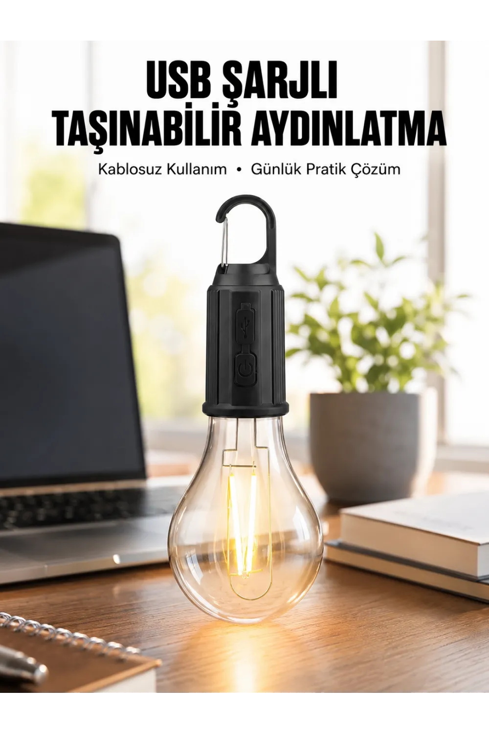 Şarjlı Dekoratif Kamp Lambası Askılı Ampul Led Işık Type-c Girişli