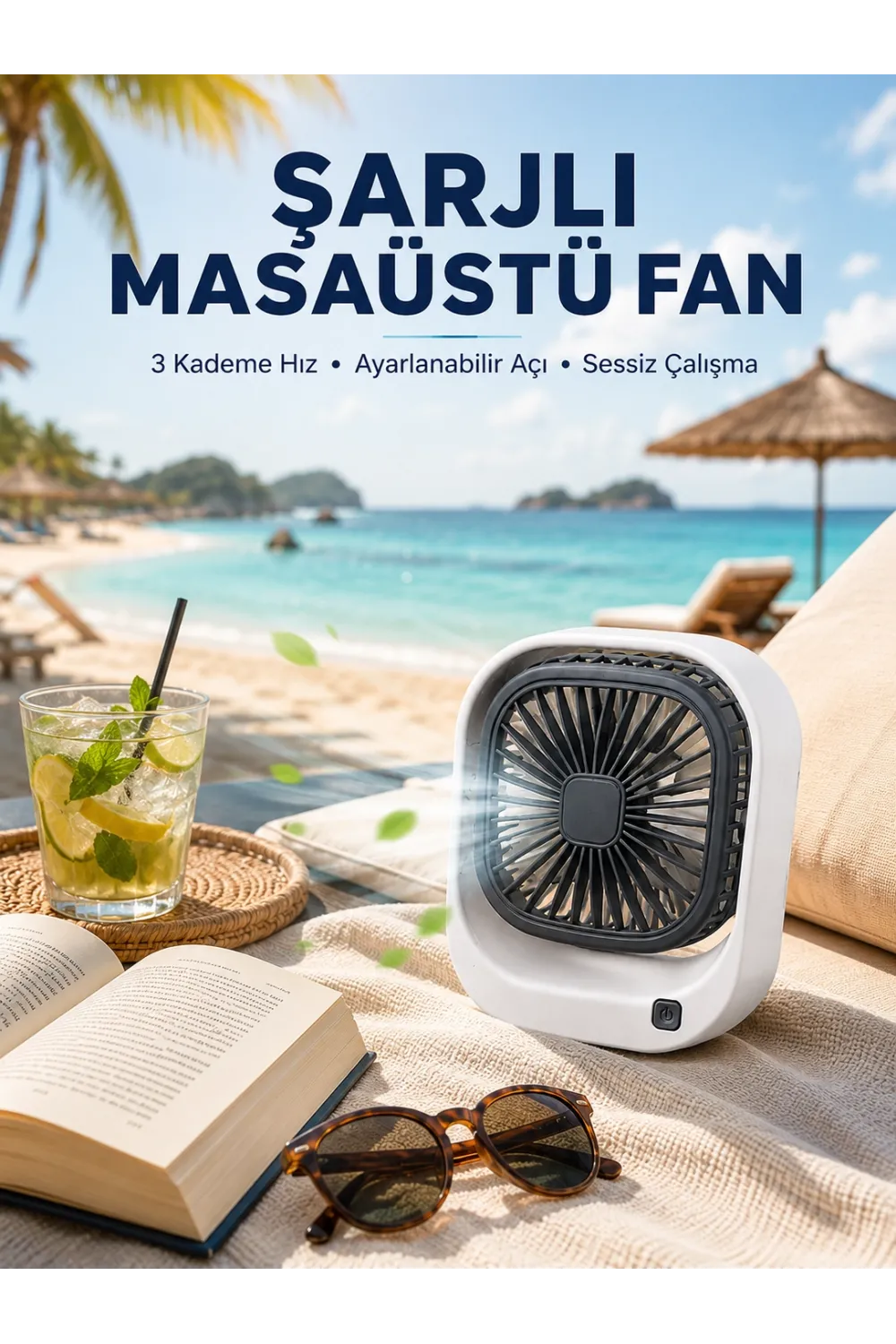 Şarjlı Masaüstü Fan 3 Kademeli Hız Ayarlı Güçlü Hava Akışı