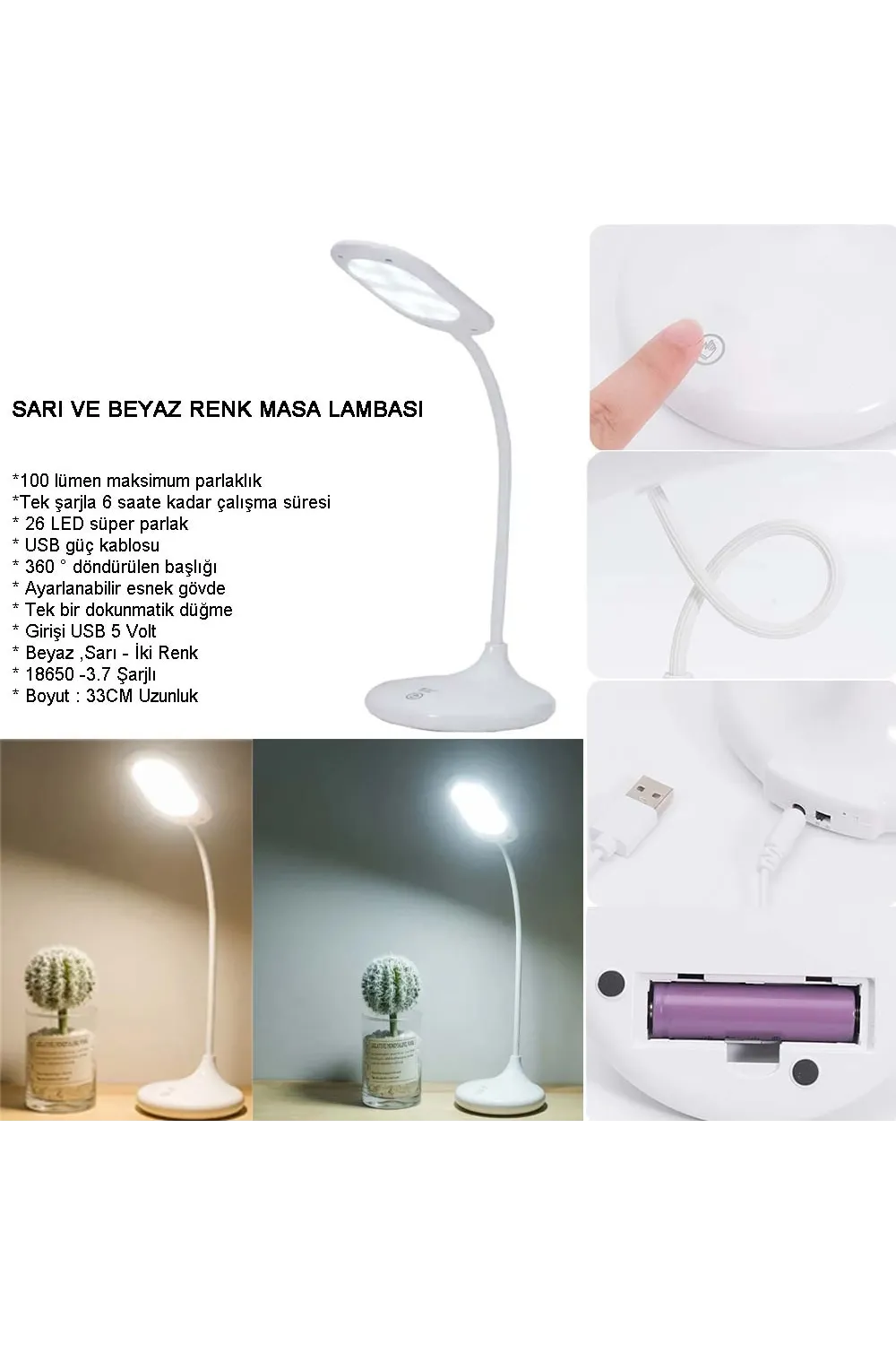 Şarjlı Sarı Ve Beyaz Renk Masa Lambasi Wt-005