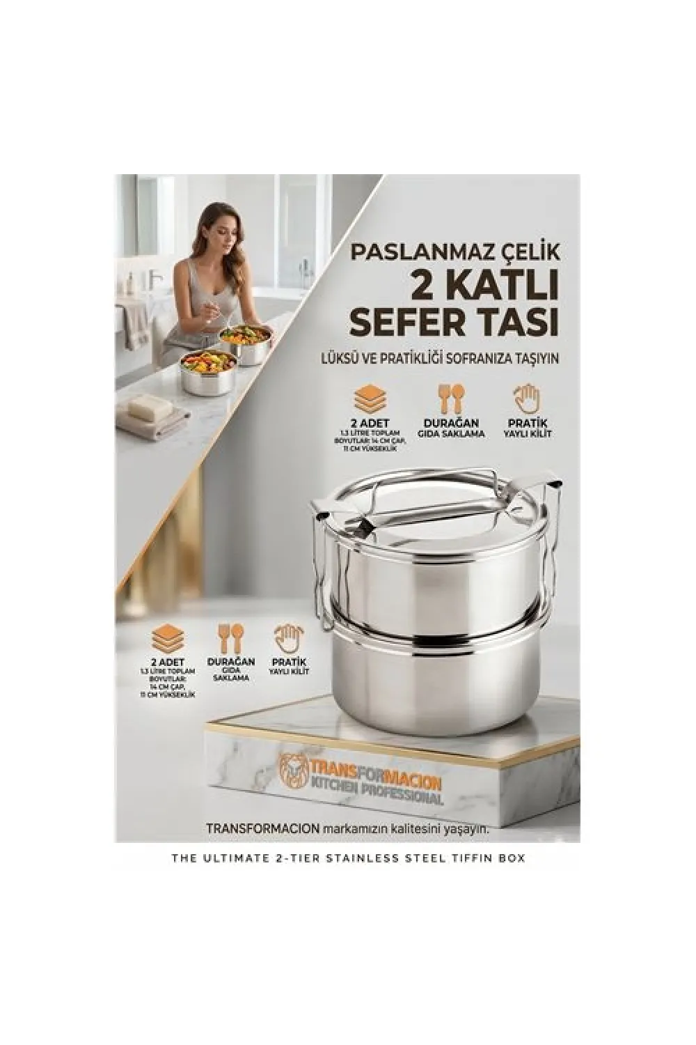 Sefer Tası Yemek Kabı Paslanmaz Çelik 2 Katlı 14 cm 1.3 LİTRE 721365