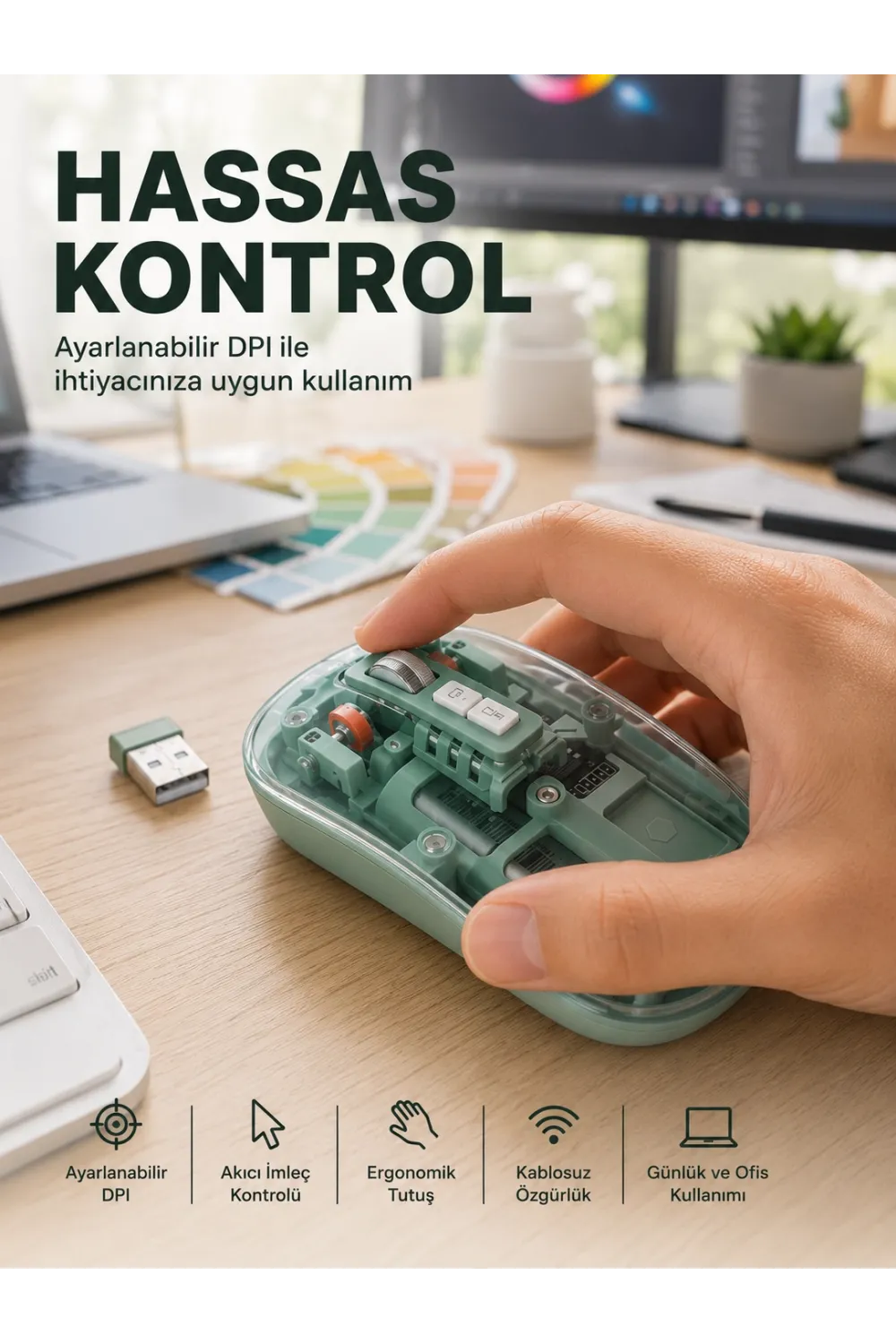 Şeffaf Tasarımlı Bluetooth Kablosuz Mouse Pilli Kullanım Yeni Nesil