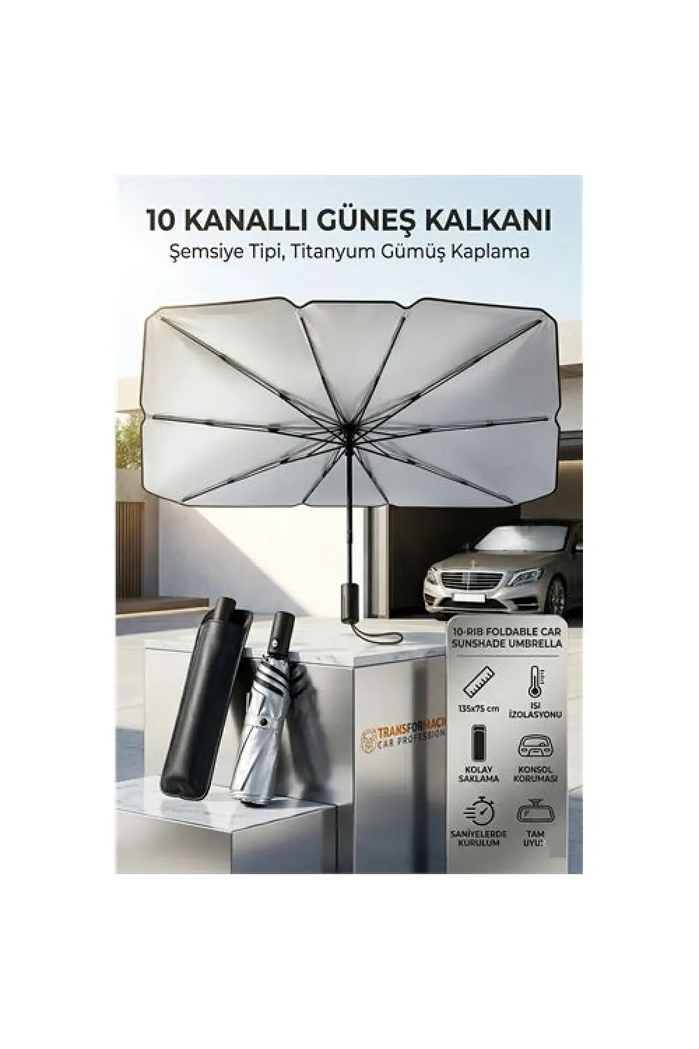 Şemsiye Tipi Araç Güneşliği, Katlanabilir Oto Ön Cam Güneşlik, 10 Telli UV Korumalı 723210