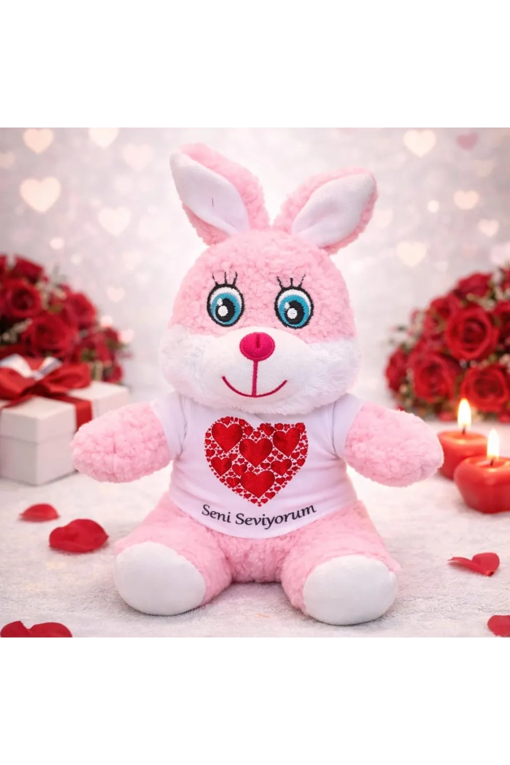 Seni Seviyorum Tişörtlü Pembe Peluş Tavşan