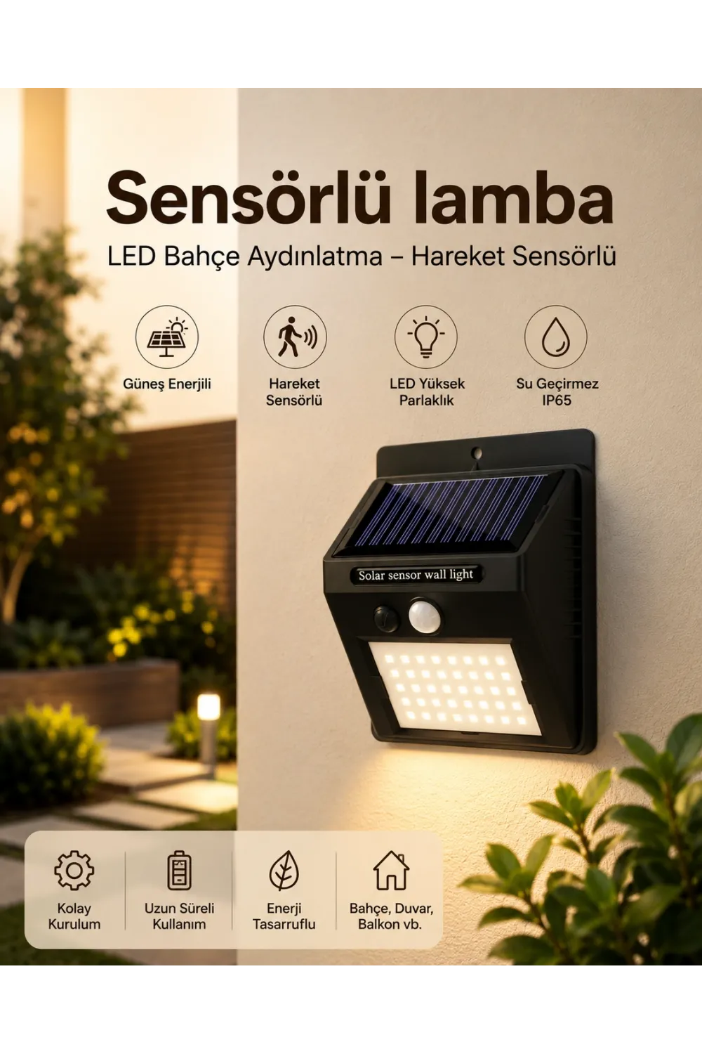 Sensörlü, Güneş Enerjili Led Duvar Lambası Bahçe Ve Balkon Aydınlatma