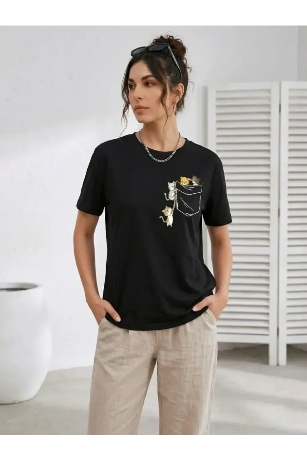 Sevimli Kedi Cep Baskılı Tişört Kısa Kol Yazlık T-Shirt - Siyah