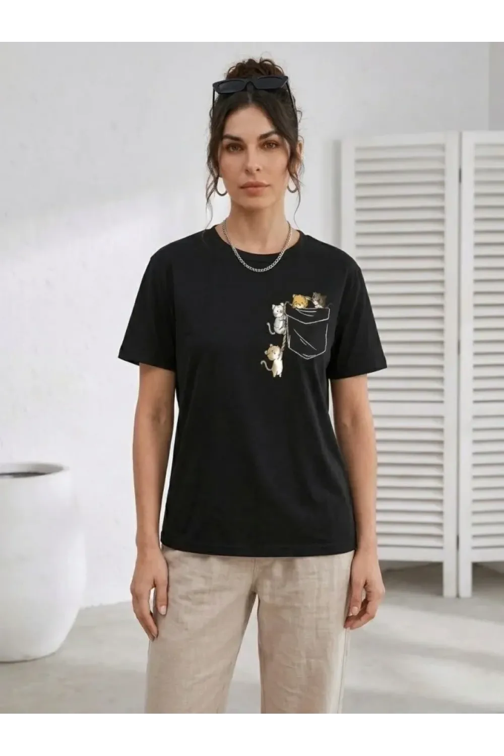 Sevimli Kedi Cep Baskılı Tişört Kısa Kol Yazlık T-Shirt - Siyah