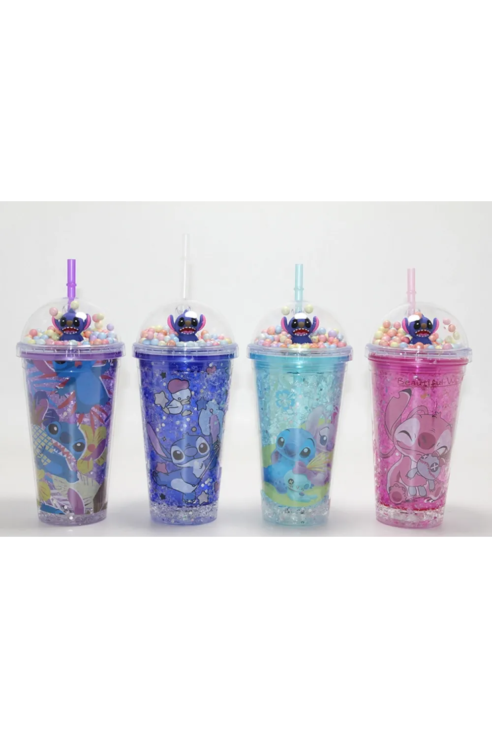Sevimli Stitch Işıklı Pipetli Pullu Suluk Bardak 400 ml