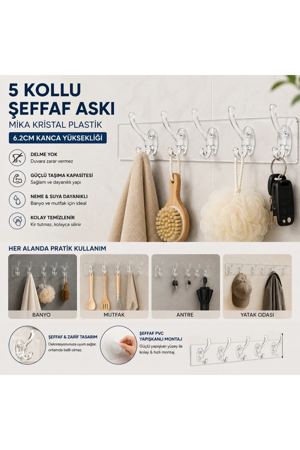 Silikon 5 Kollu Şeffaf Yapışkan Askı
