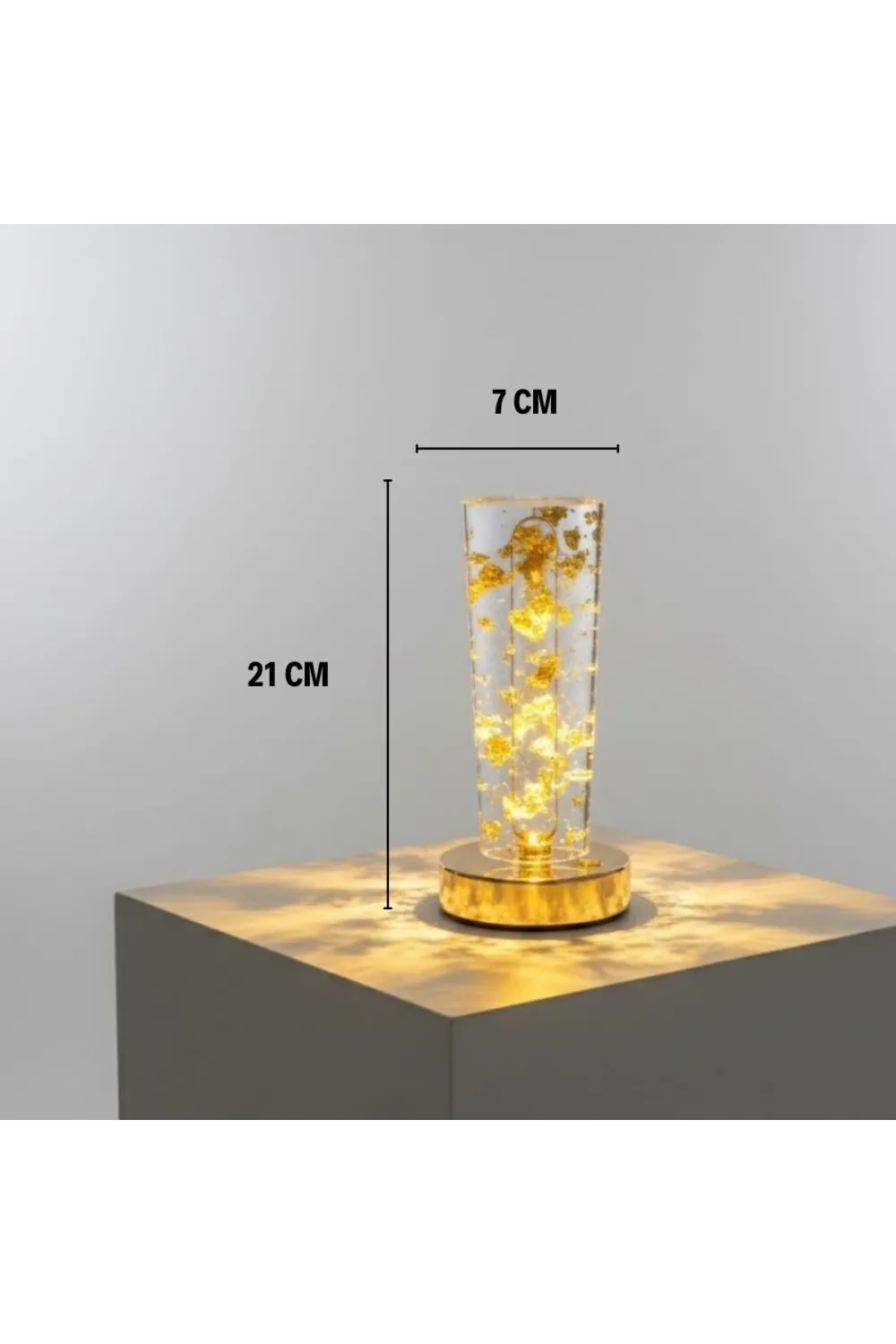Silindirik Kristal Altın Toz model Led Masa Lambası – Gold Tabanlı, Dokunmatik, 3 Renk Işık Modlu, Şarjlı Modern Dekoratif Gece Lambası