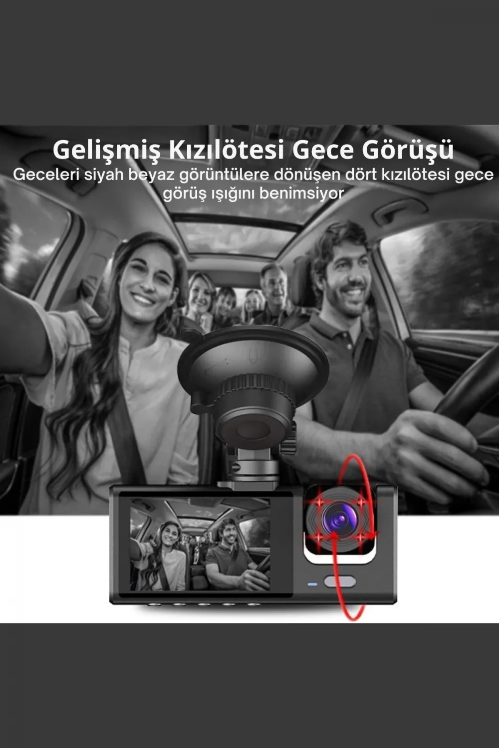 Siyah 1080p Araç İçi 3 Kameralı Lcd Ekranlı Gece Görüşlü , G-sensör , Geri Görüş Kamera