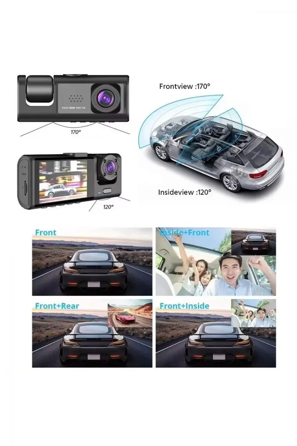 Siyah 1080p Araç İçi 3 Kameralı Lcd Ekranlı Gece Görüşlü , G-sensör , Geri Görüş Kamera