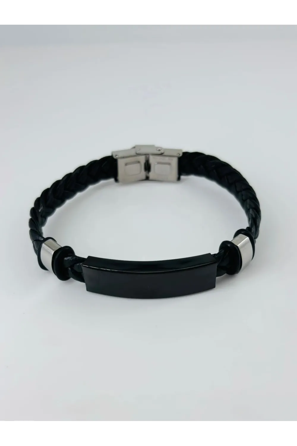 Siyah Deri  / Çelik  Erkek Deri Bileklik 20 Cm  - Ebl0031