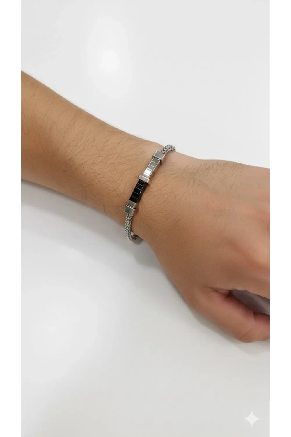 Siyah Deri  / Çelik  Erkek Deri Bileklik 20 Cm  - Ebl0031