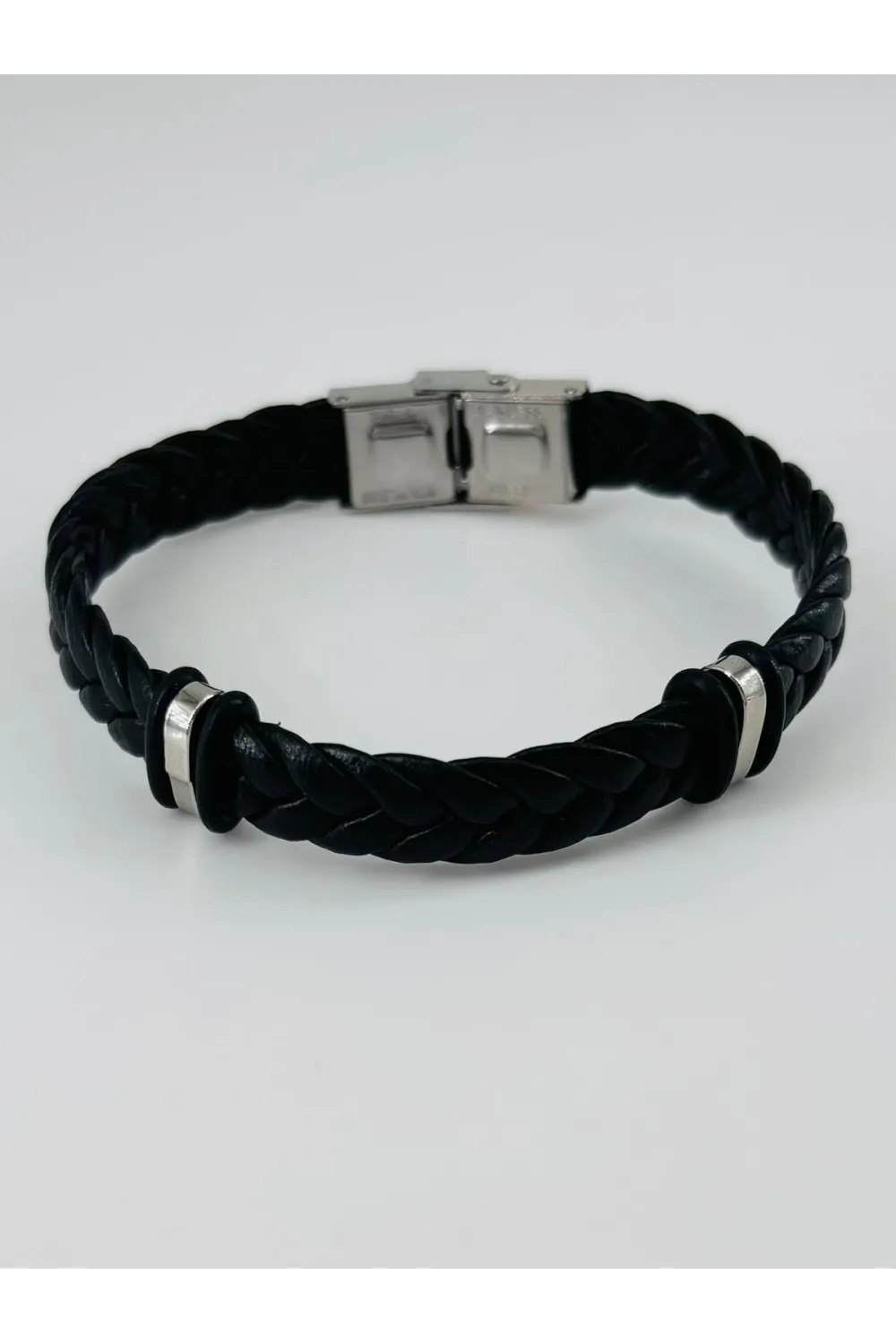 Siyah Deri  / Çelik  Erkek Deri Bileklik 20 Cm  - Ebl0045