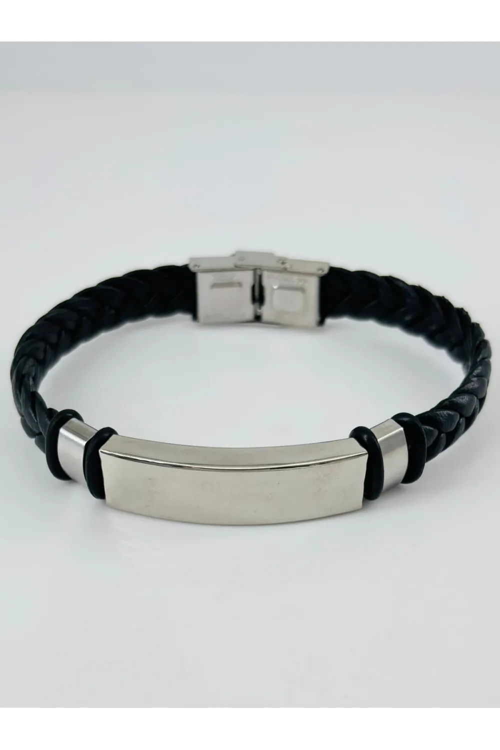 Siyah Deri / Çelik  Erkek Deri Bileklik 20 Cm  - Ebl0057