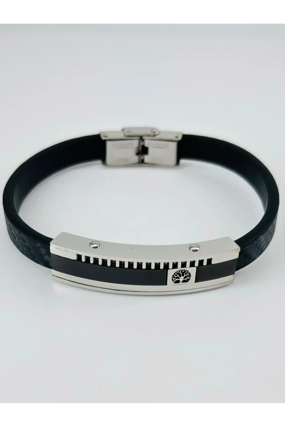 Siyah Deri / Çelik  Erkek Deri Bileklik 20 Cm  - Ebl0084