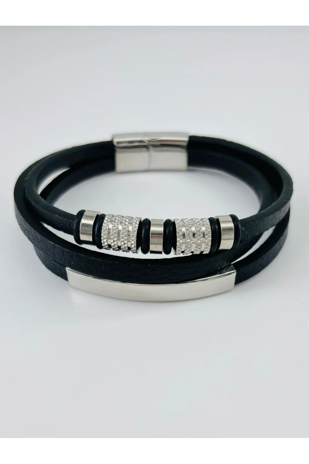 Siyah Deri / Çelik  Erkek Deri Bileklik 20 Cm  - Ebl0090