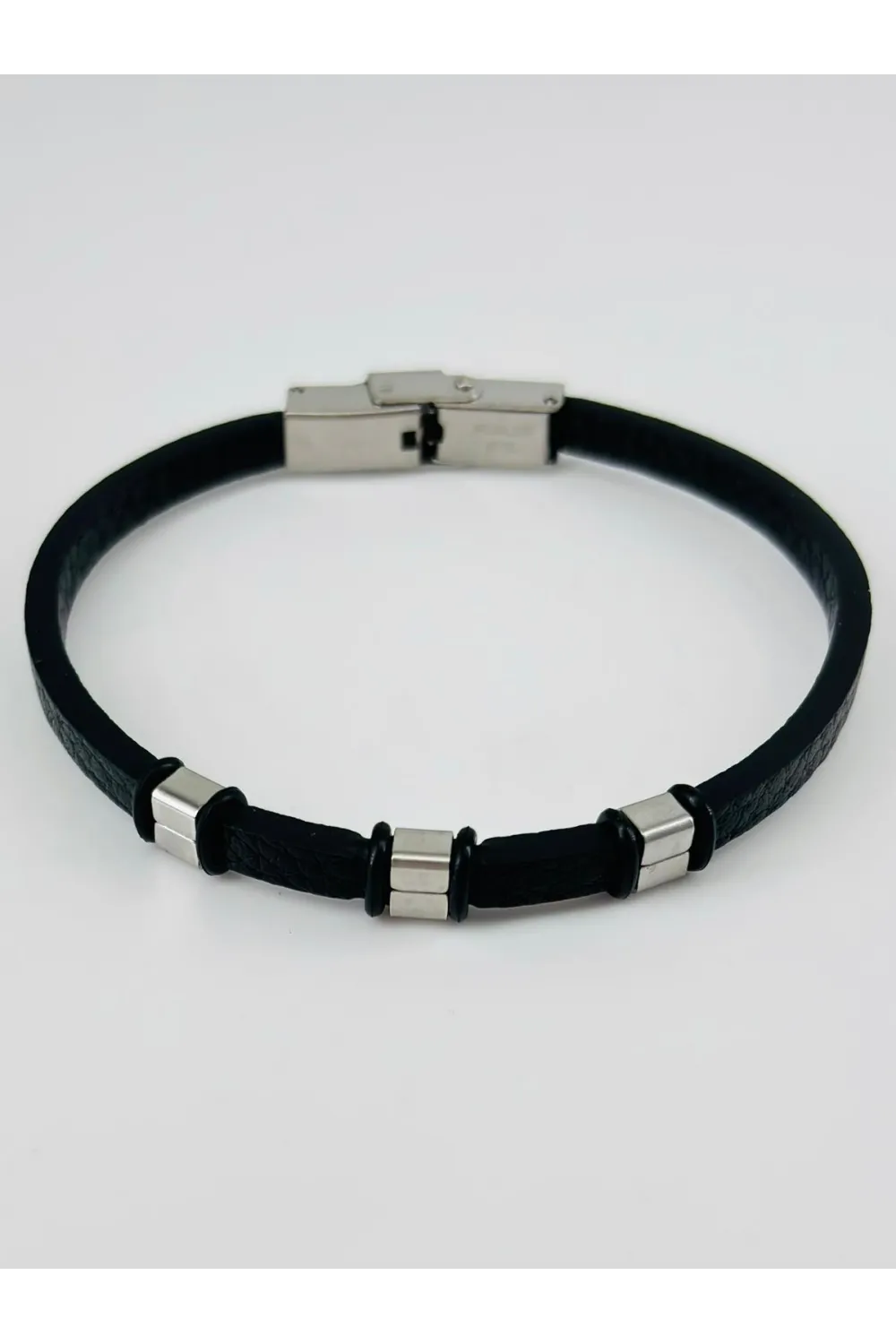 Siyah Deri / Çelik  Erkek Deri Bileklik 20 Cm  - Ebl0096
