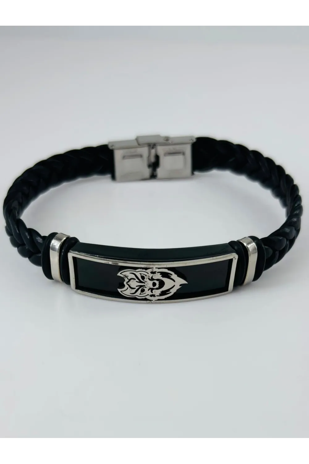 Siyah Deri / Çelik  Erkek Deri Bileklik 20 Cm  - Ebl0104