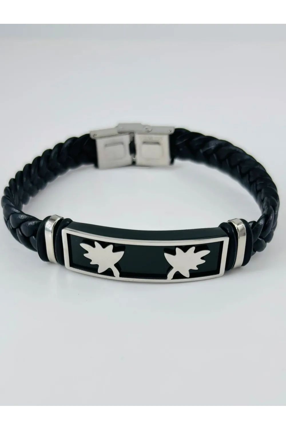 Siyah Deri / Çelik  Erkek Deri Bileklik 20 Cm  - Ebl0106