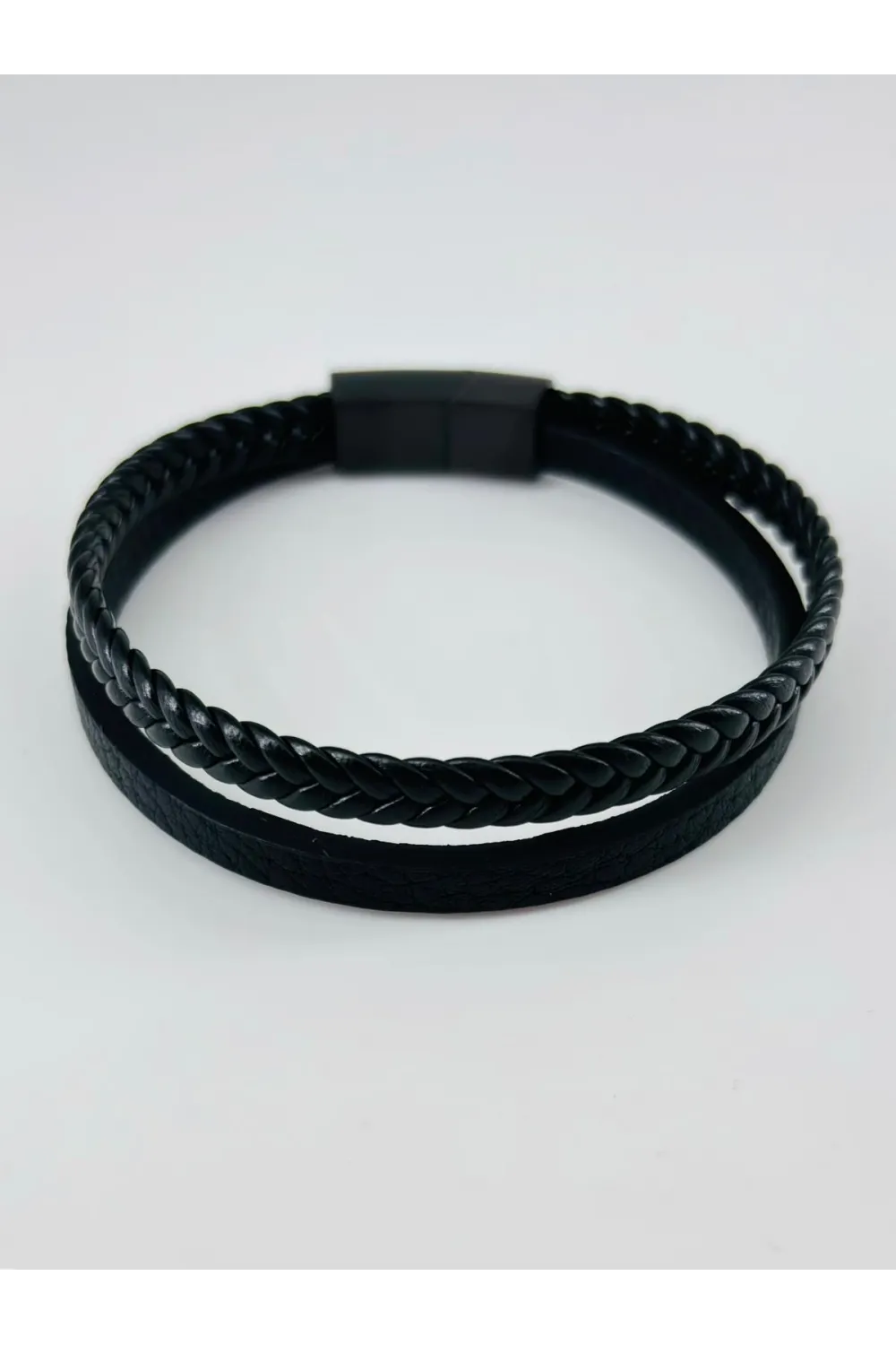 Siyah Deri / Çelik  Erkek Deri Bileklik 20 Cm  - Ebl076