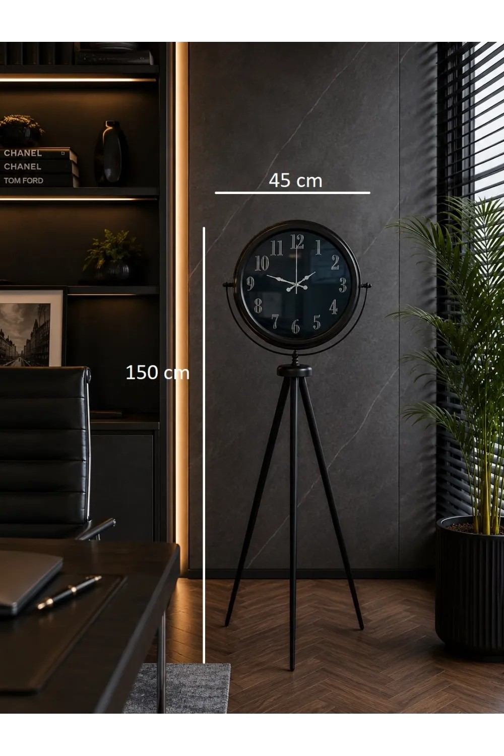 Siyah Elegance Aynalı Tripod 150 x 45 Cm Ayaklı Saat
