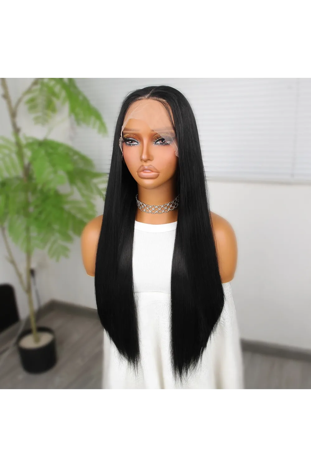Siyah Fiber Sentetik Düz Tül Peruk