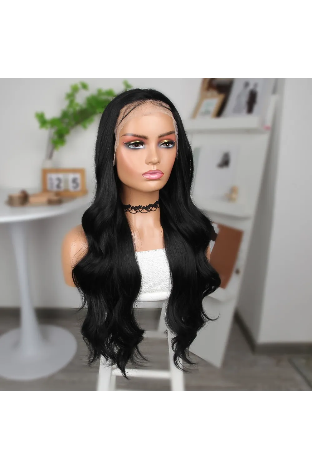 Siyah Fiber Sentetik Geniş Dalgalı Tül Peruk