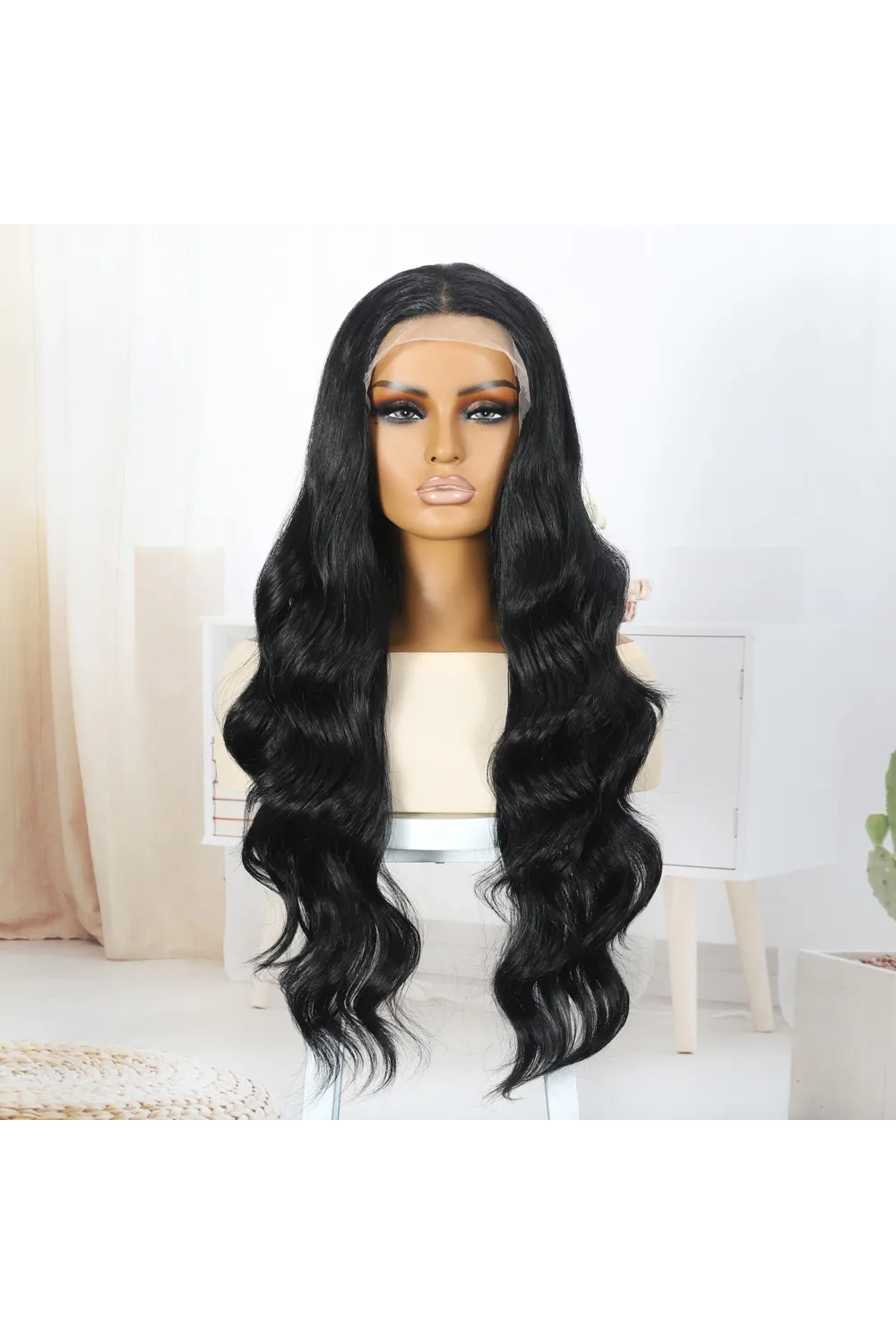 Siyah Fiber Sentetik Su Dalgalı Tül Peruk