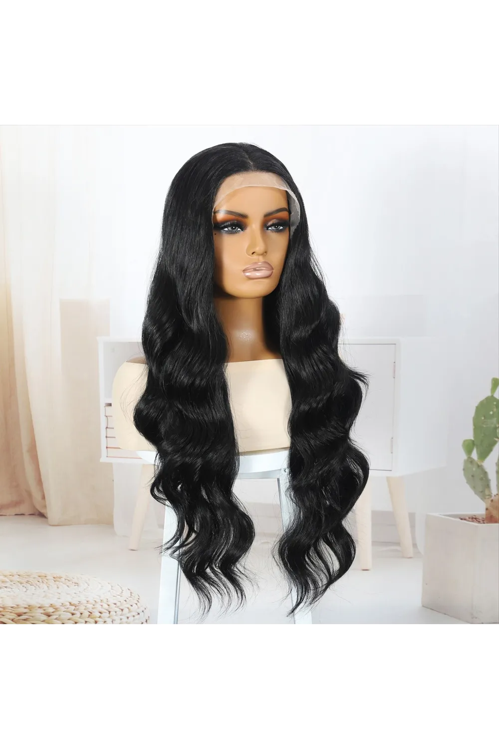 Siyah Fiber Sentetik Su Dalgalı Tül Peruk