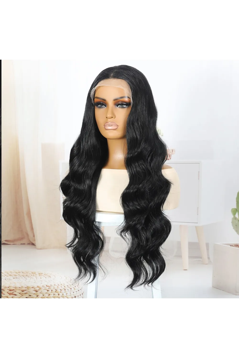 Siyah Fiber Sentetik Su Dalgalı Tül Peruk