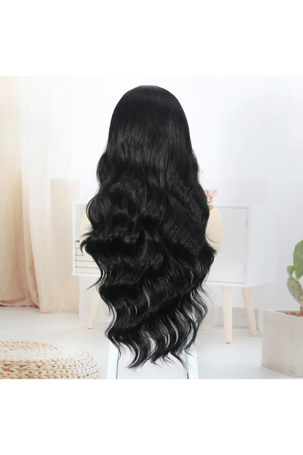 Siyah Fiber Sentetik Su Dalgalı Tül Peruk