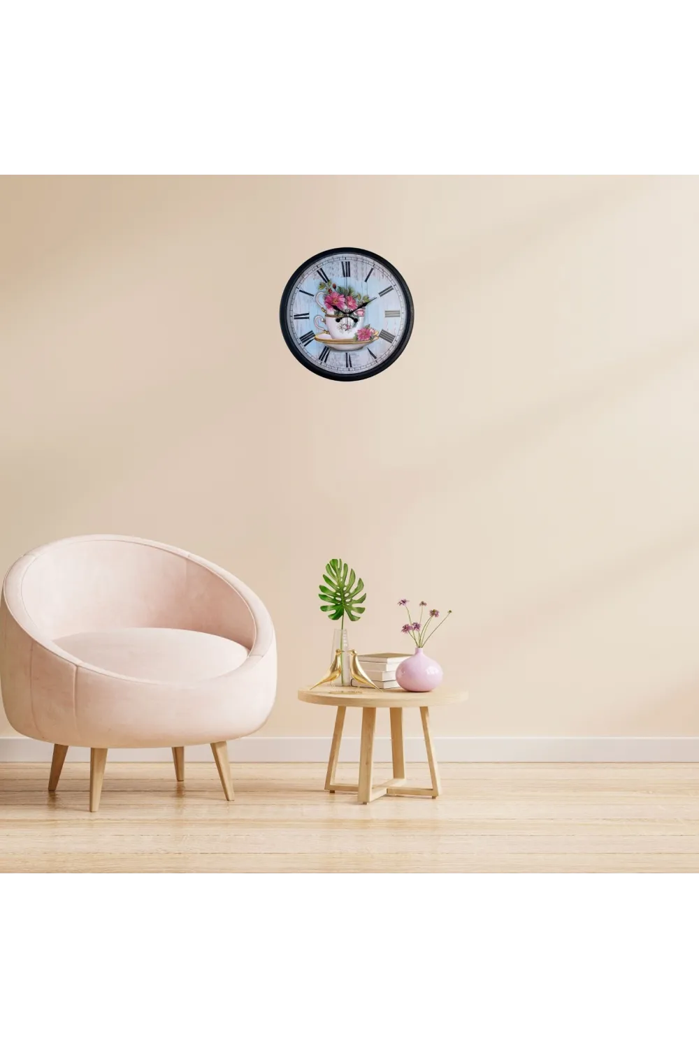 Siyah Floral Tea Cup Duvar Saati